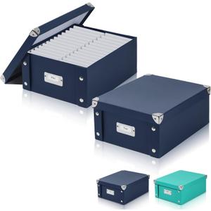 DLUGOPIS 2 Pcs Inch Checks Storage Box with Lid Document Boxes Document Bin Banker Boxes Foldable Receipt Box Storage Navy Blue Cardboard Record Boxes For Business Pesonal Books Files 12"x10"x5"