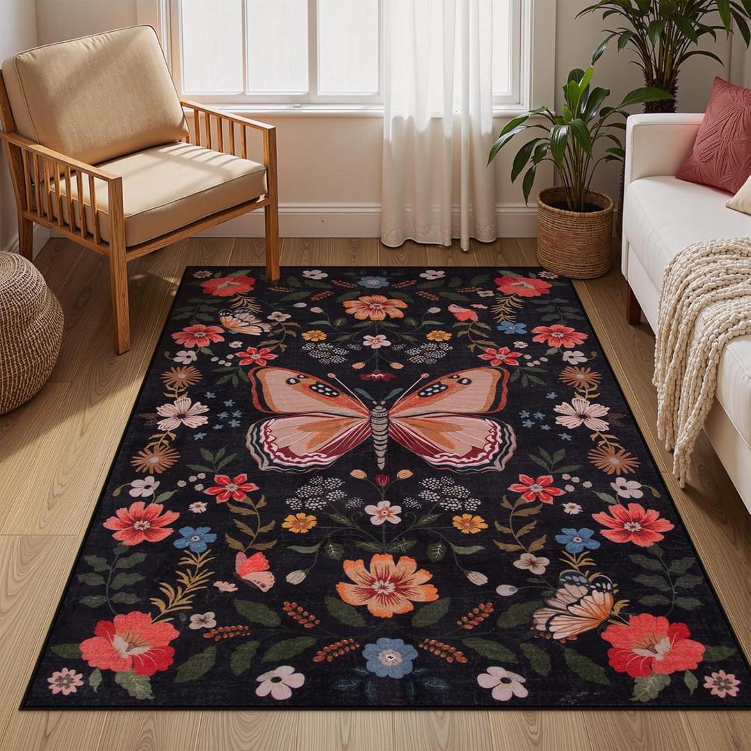 Lahome Black Floral 3x5 Washable Rug,Ultra Thin Bedroom Area Rugs for Dorm Entryway, Boho Butterfly Non Slip Bedside Rug,Stain Resistant Small Throw Carpet for Nursery Girls Kids Room