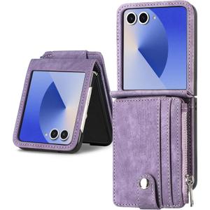 Cases for Galaxy Z Flip 7 Wallet Case with Card Holder Retro 2 in 1 Detachable Zipper Flip Wallet Kickstand Premium PU Leather Protective Phone Cover for Samsung Galaxy Z Flip 7 2025 Purple
