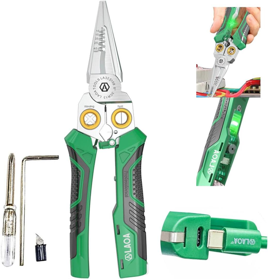 LAOA 8-in-1 Rechargeable Electrician Pliers, No More Button Battery Replacement | USB-C Charging Non-Contact Voltage Tester, Wire Stripper/Cutter for Electrical, Automotive, Outdoor Work