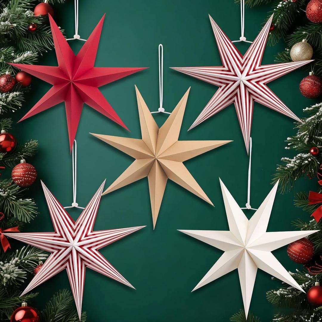 SUNBEAUTY Paper Stars Christmas Party Decorations, 5PCS 6-Pointed Paper Star Hanging Decoration Set Holiday Decor Stars Shape Landerne for Birthday Party Tree Xmas Home Decor