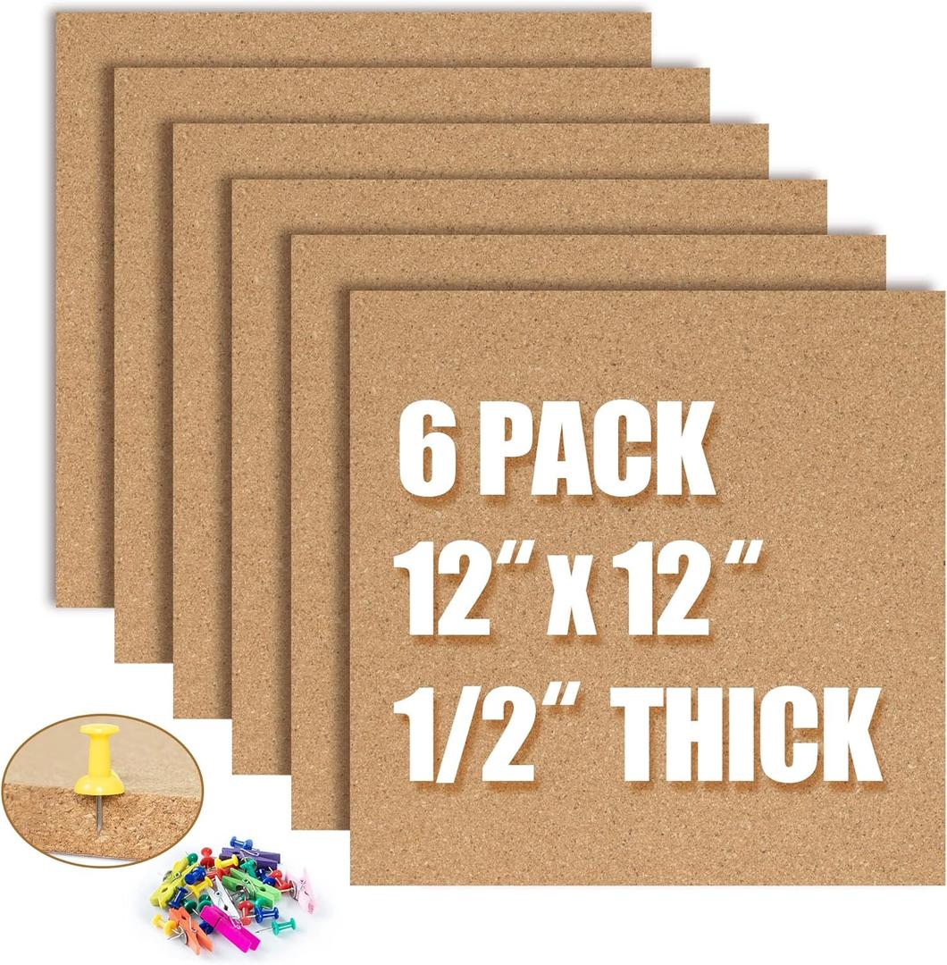 AKTOP Cork Board Bulletin Board 12x12, 1/2" Thick Cork Board Tiles 6 Pack, Small Square Pin Board for Wall, Self Adhesive Corkboards with 60 Push Pin Wood Clips for School, Home & Office (Natural)