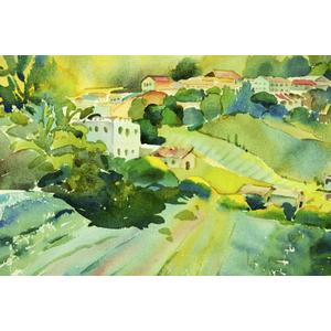 ART.COM Wall Art Print Watercolor Landscape of Village on a Hill by Painterstock, 36" x 24"
