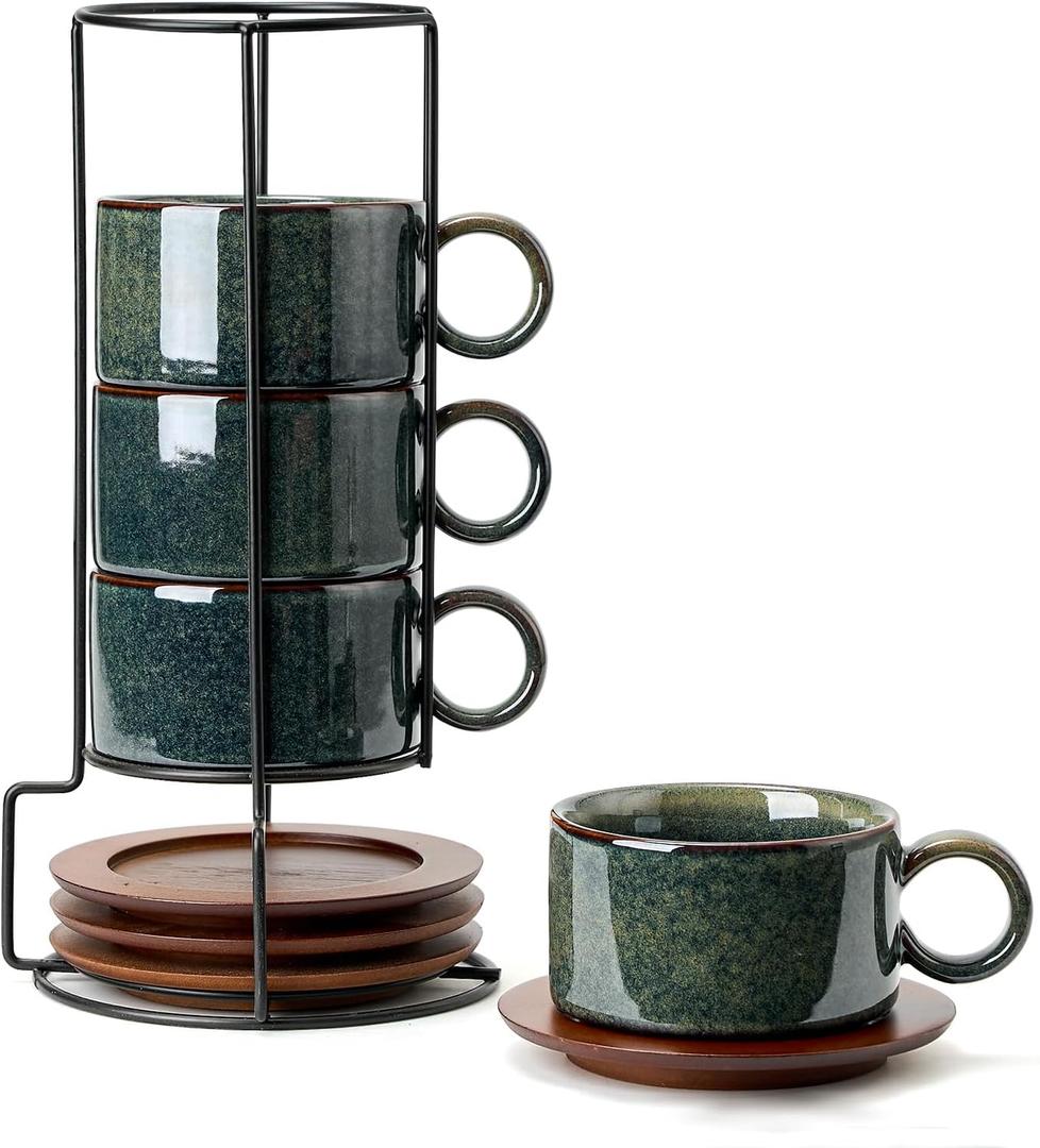 LUKA 6 Ounce Porcelain Stackable Espresso Cups with Saucers and Metal Stand Set of 4, Ceramic Cappuccino Cups Set for Specialty Coffee Drinks, Latte, Cafe Mocha and Tea, Reactive Dark Green