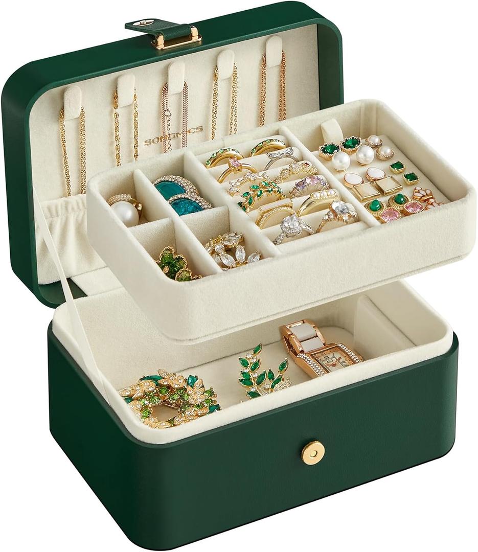 SONGMICS Jewelry Box, Travel Jewelry Case, 2-Layer Jewelry Holder Organizer, Portable Versatile Earring Storage, for Larger Accessories, Forest Green, Size: 4.6"D x 6.3"W x 3"H