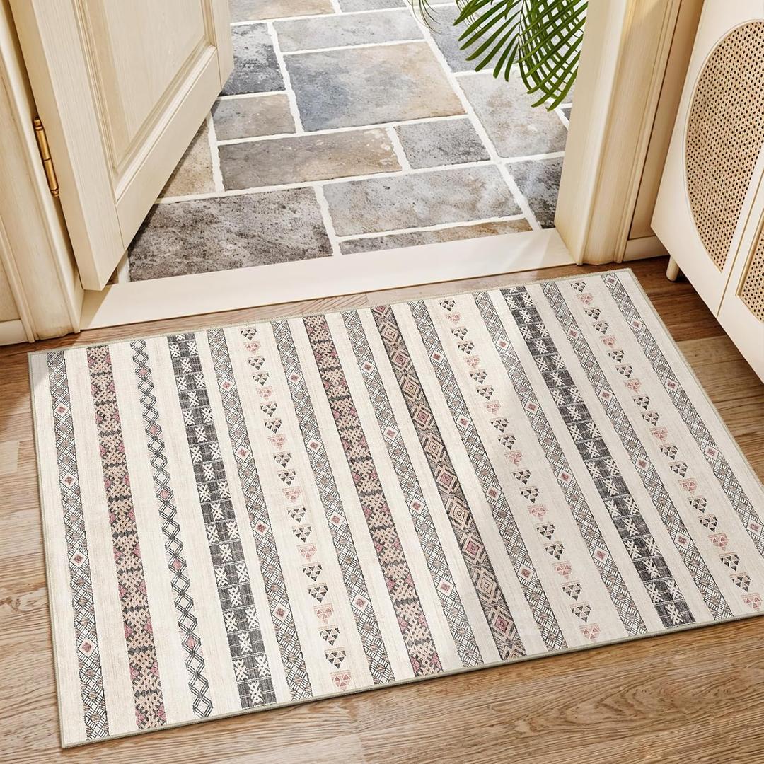 2x3 Washable Moroccan Area Rug: Geometric Boho Area Rugs for Entryway Small Mat for Kitchen with Non-Slip Backing Indoor Bedroom Door Mat Beige Colourful 2'x3'