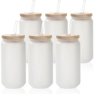 PYD Life Sublimation Glass Cans Blanks Frosted 18 OZ with Bamboo Lid and Clear Glass Straw Beer Cans Wide Mouth Jar Tumbler Cups Mugs for Iced Coffee,Juice,Soda,Drinks,Beer