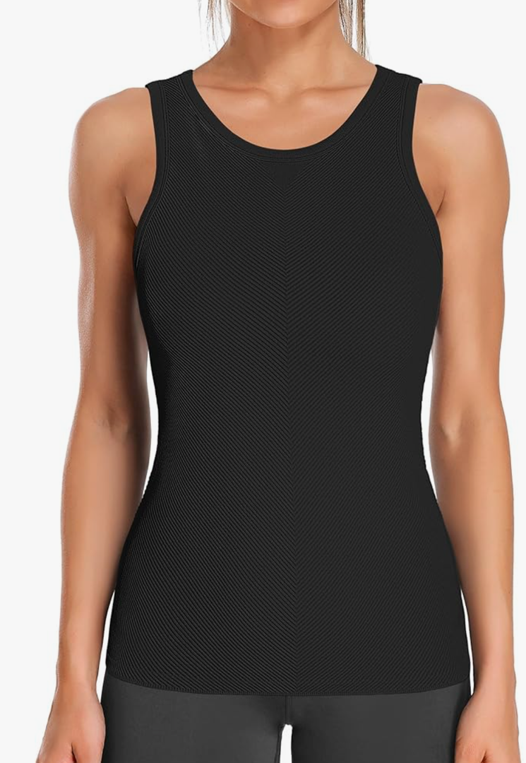 ATTRACO Workout Tank Tops for Women Seamless Full Length Gym Tops Athletic Yoga Top Built in Bra Size L Black