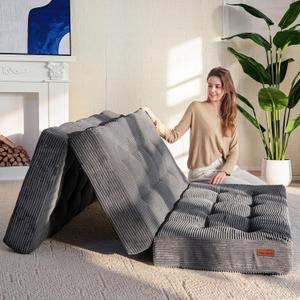 MAXYOYO Tri-Fold Mattress, 6 Inch Tufted Folding Futon Foam Bed, Foldable Floor Mattress Guest Bed Futon Topper Portable Camping Sleeping with Corded Fabric, Dark Grey, 35.4"x75" (Twin)