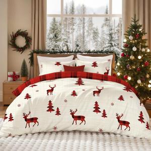 Nayoroom Christmas Comforter Set Queen Size - Christmas Bedding Comforter Set, Reversible Red Reindeer Buffalo Check Plaid Pattern, 3 Pieces Xmas Theme Holiday Bedding Gifts for Women Men