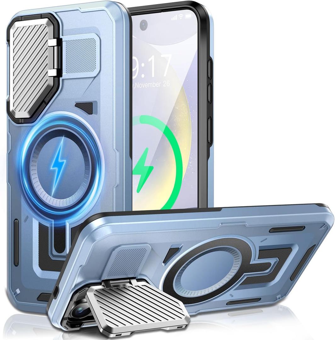 Camera Stand Case for Galaxy S24 Plus / S25 Plus, [Compatible with MagSafe][Lens Cover] 2024 Version Military Grade Protective Soft Case for Samsung Galaxy S24 Plus / S25 Plus 6.7" Men Women, Blue