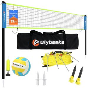 32ft Regulation Size Portable Outdoor Volleyball Net Set System for Backyard Beach with Height Adjustable Poles, PU Volleyball and Pump, Carry Bag, Boundary Line - Easy Set Up & Anti-Sagging (Blue and Green)