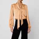 Womens Diamond Shadow Tie V-Neck Popover Top Long Sleeve Shirt Casual Golden Blouse (M)
