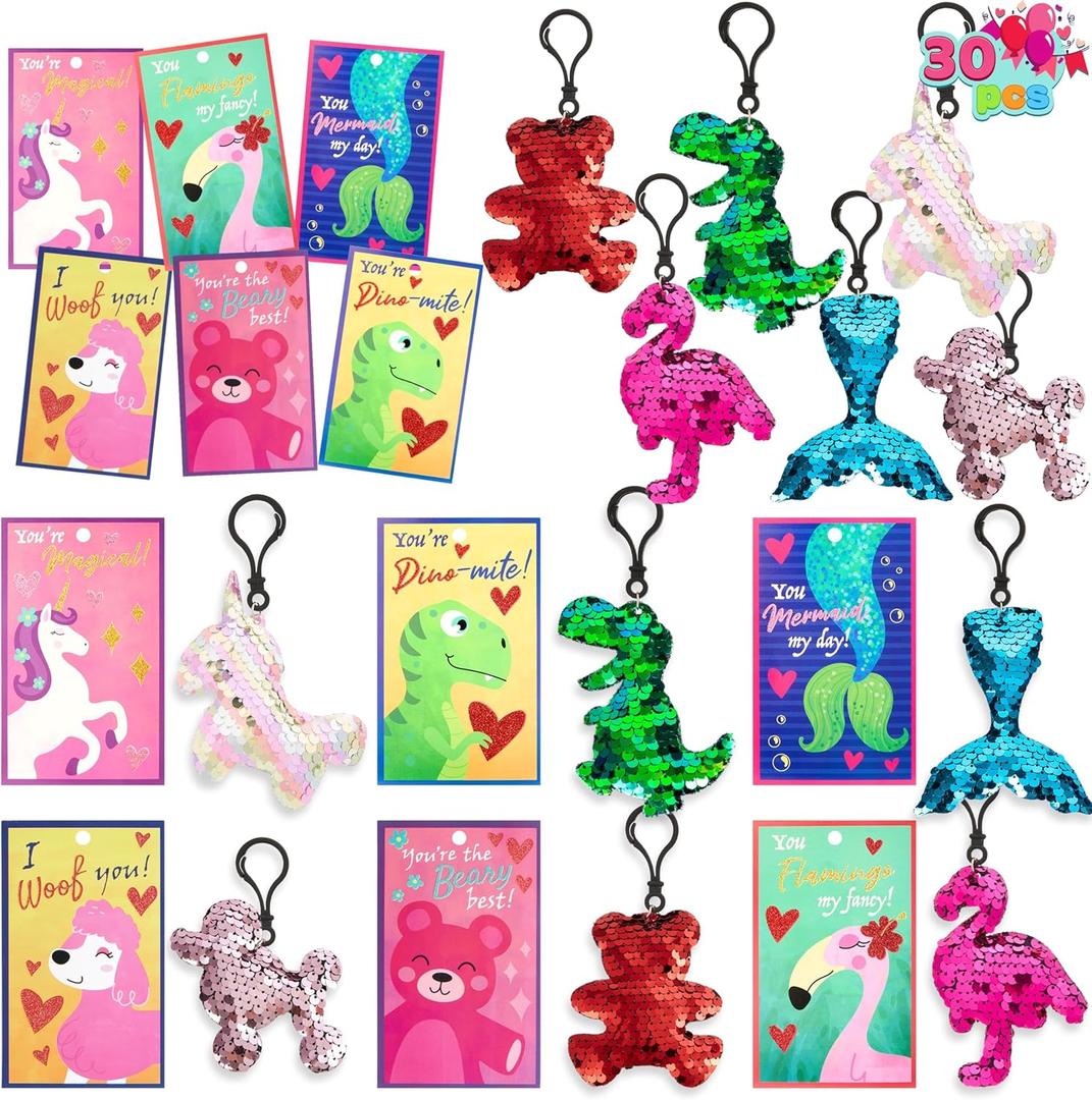 JOYIN 30 Pack Valentines Day Gift Cards with Gift Glitter Flip Sequin Keychain for Valentine's Classroom Exchange Prizes, Kids Party Favors