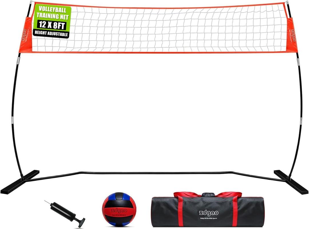 12FT Portable Volleyball Training Net for Hitting or Serving Drills, Outdoor & Indoor Freestanding Volleyball Practice Net with Height Adjustable, Glow in Dark Volleyball, and Carry Bag
