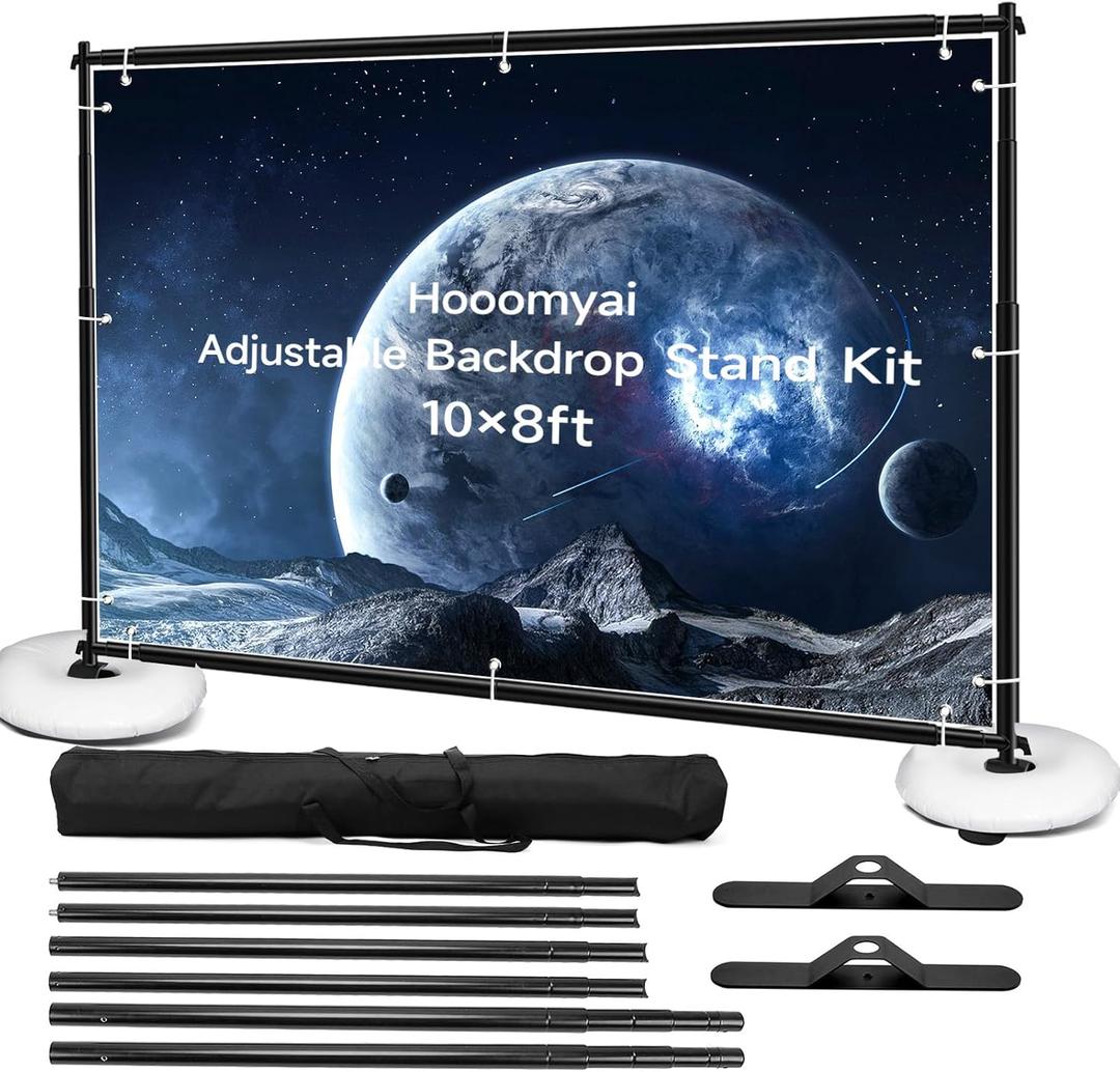 Backdrop Banner Stand 10 x 8 Ft Adjustable Height Display Heavy Duty Background Stand For Wedding Photo Parties Trade Show Birthday Party,with 2 Strengthen Crossbars,2 Water Bag