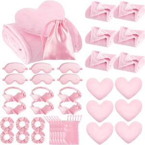 36 Pcs Sleepover Party Supplies for Girls Throw Blanket Heart Pillows Headband Eye Mask Bag for Spa Slumber Party (Pink)
