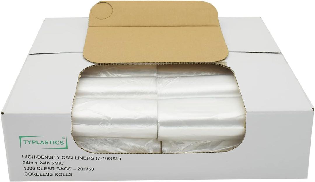 TYPLASTICS Trash Can Liners Bag - Wholesale 1000 Count Garbage Bags on Perforated Roll 7-10 Gallon Multipurpose for Office Bathrooms Business Home Commerical and Industrial 24" X 24" X 5 Mic