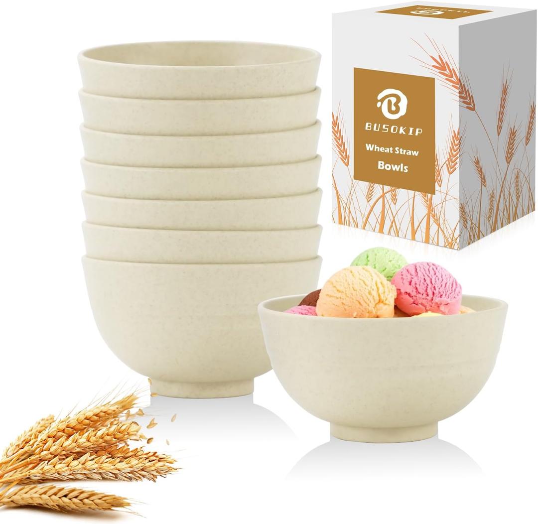 Beige Wheat Straw Bowls, 10 OZ Snack Bowl Set of 8, Unbreakable Ice Cream Bowl Set, Alternative Plastic Bowls Reusable, Microwave Safe Small Appetizer Bowl for Dessert, Snack (Beige)