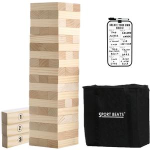 Outdoor Games Large Tower Stacking Game, 54 Wooden Blocks, Stack Up to 4 Ft Tall, Includes Carry Bag and Scoreboard, Backyard and Beach Lawn Yard Fun for Adults and Family (Natural)