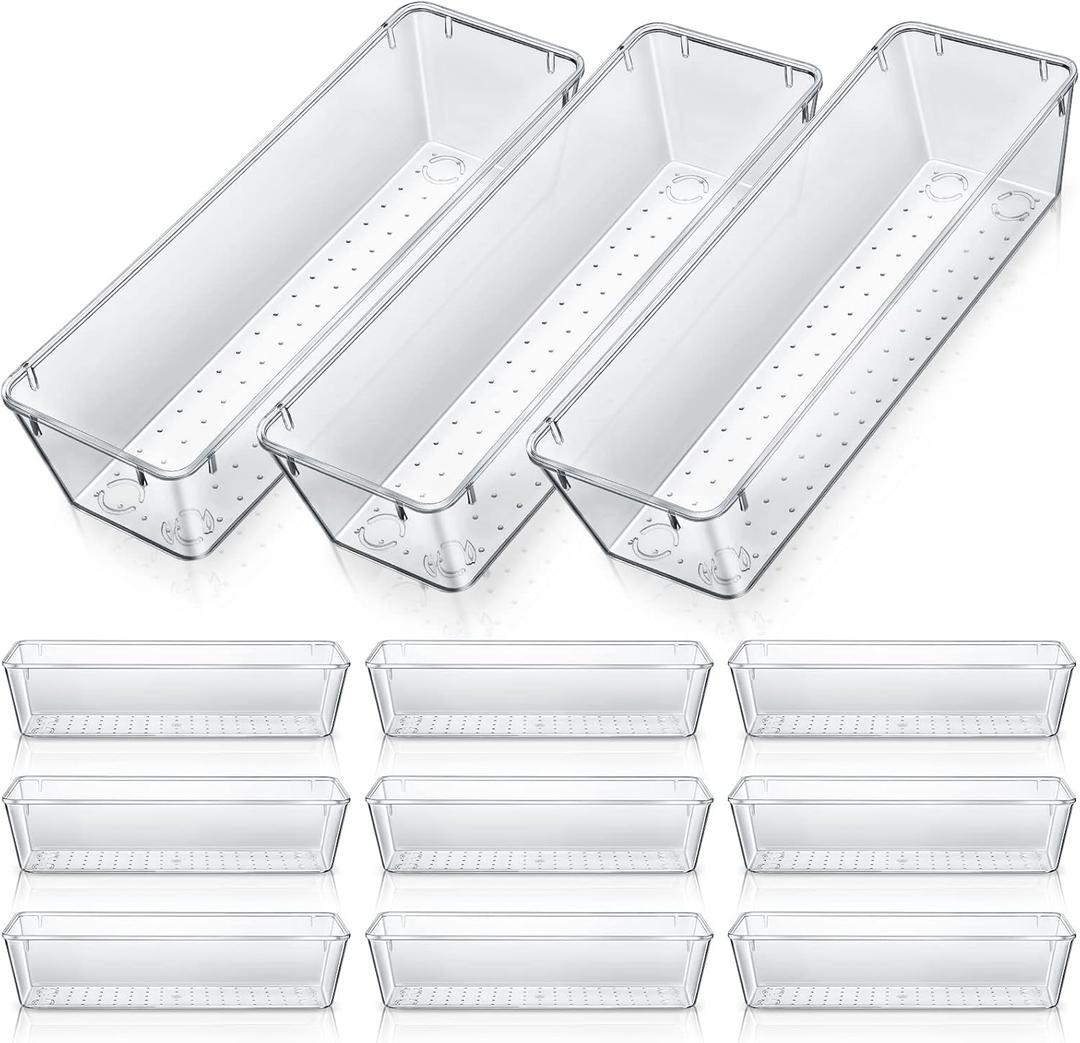 Maitys 12 Pcs Clear Drawer Organizer 9 x 3 x 2 Inches Plastic Rectangle Trays Makeup Vanity Storage Bins and Kitchen Drawers Dividers for Office Desk Silverware Kitchen Utensils(Clear)