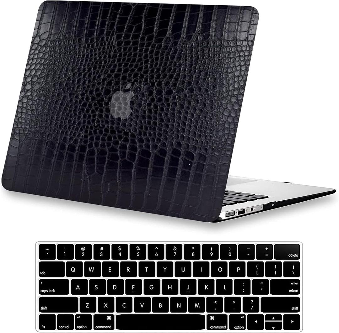 KEROM Compatible with Crocodile MacBook Pro 13 inch Case 2024-2016 M2 M1 A2338 A2289 A2251 A2159 A1989 A1706 A1708, Crocodile Skin Alligator Skin PU Leather Hard Shell Case & Keyboard Cover, Black (# Black Crocodile)
