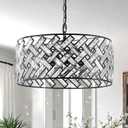 Crystal Ceiling Light Black Modern Chandelier 18" Pendant Light 6-Light Convertible Semi Flush Mount Lighting Drum Semi Flush Mount Hanging Drum Shade for Kitchen Island Dining Room Bedroom Hallway