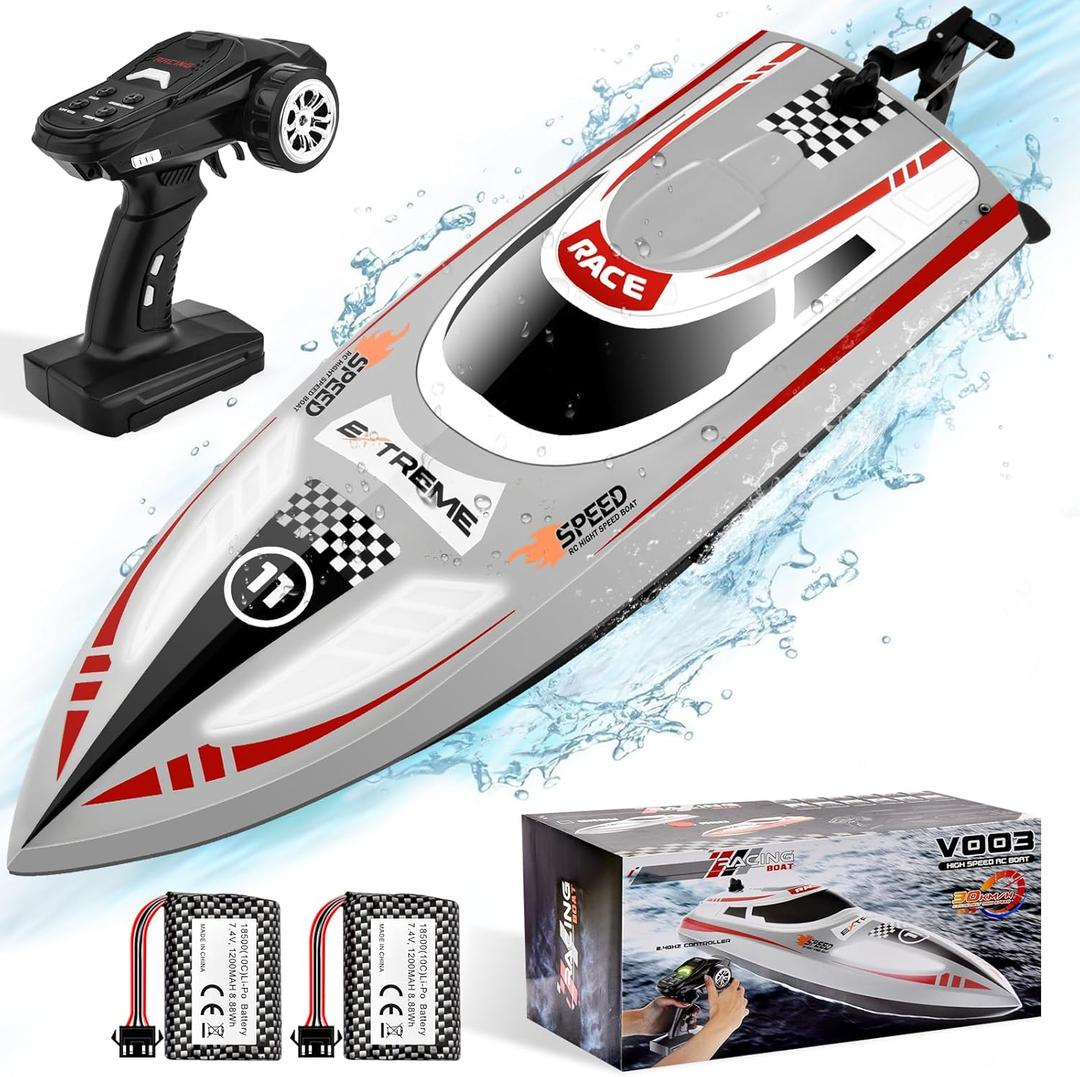 Remote Control Boat RC Boat for Pool & Lakes with Capsize Recovery 3 Speeds Cruise Control 2 Batteries 60Min 30+ KPH Racing Boats Pool Toys for Kids & Adults and Ideal Gifts for Kids (Gery)