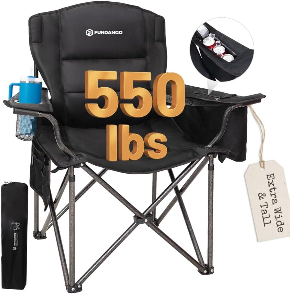 FUNDANGO Oversized Camping Chair for Adults, Heavy Duty Portable Foldable Lawn Chair with Padded Seat & Back, Lumbar Support, 4-can Cooler & Cup Holder, Carry Bag Included for Outdoor, 1 Pack Black With Lumber Support