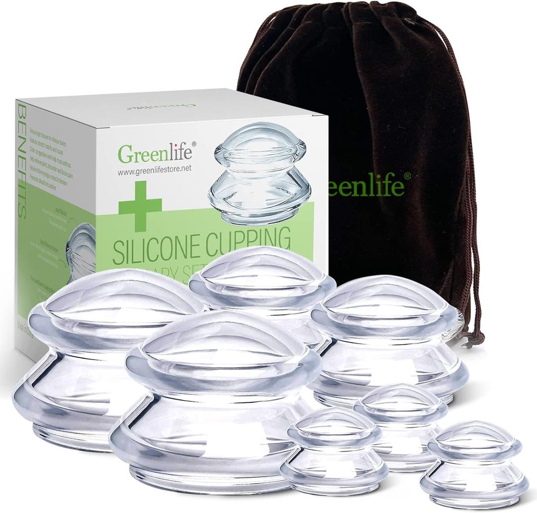 GreenLife Cupping Therapy Sets -Silicone Cups Set Firm (7 Cups) Professional Massage Tool for Muscle Soreness Pain Relief Body Neck Knee, Deep Muscle Massager, Anti Cellulite Joint Pain Recovery (7 Count (Pack of 1))