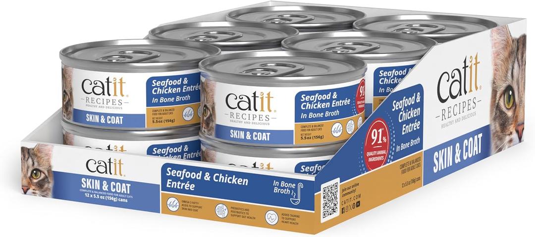 Catit Recipes Skin & Coat Chicken & Seafood Entre High-Protein Wet Cat Food with Tuna, Salmon, Mackerel & Chicken, Omega-3 for Skin & Coat, Prebiotics, Hydrating Bone Broth, Taurine 3oz (12/cs) (EXP 11/01/27)