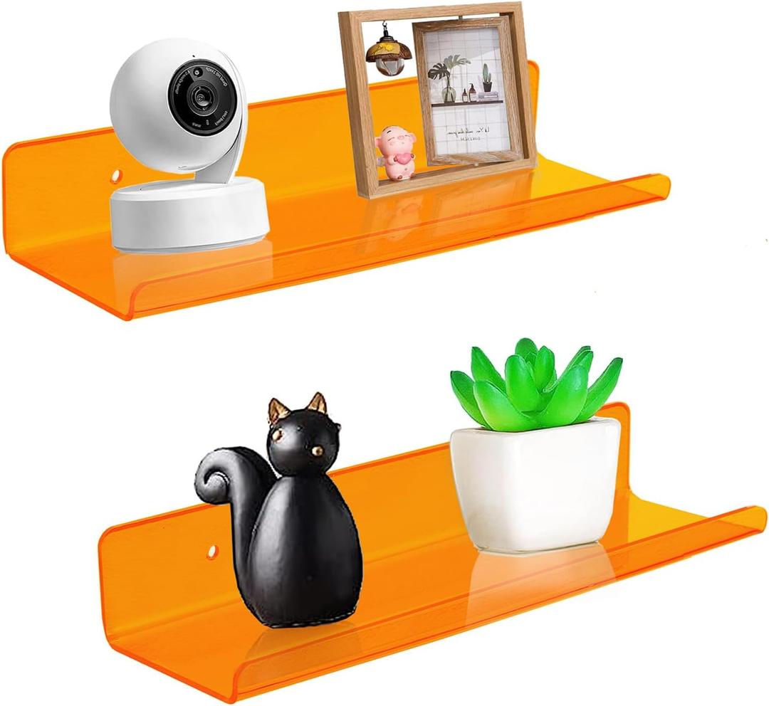 ROYALITA Small Acrylic Shelves Wall Mounted | Set of 2 | 12 Inches | Wall Hanging Plant Display Shelves, Room Decor Floating Wall Shelves for Gaming Room Bedroom, Living Room, Office, Orange