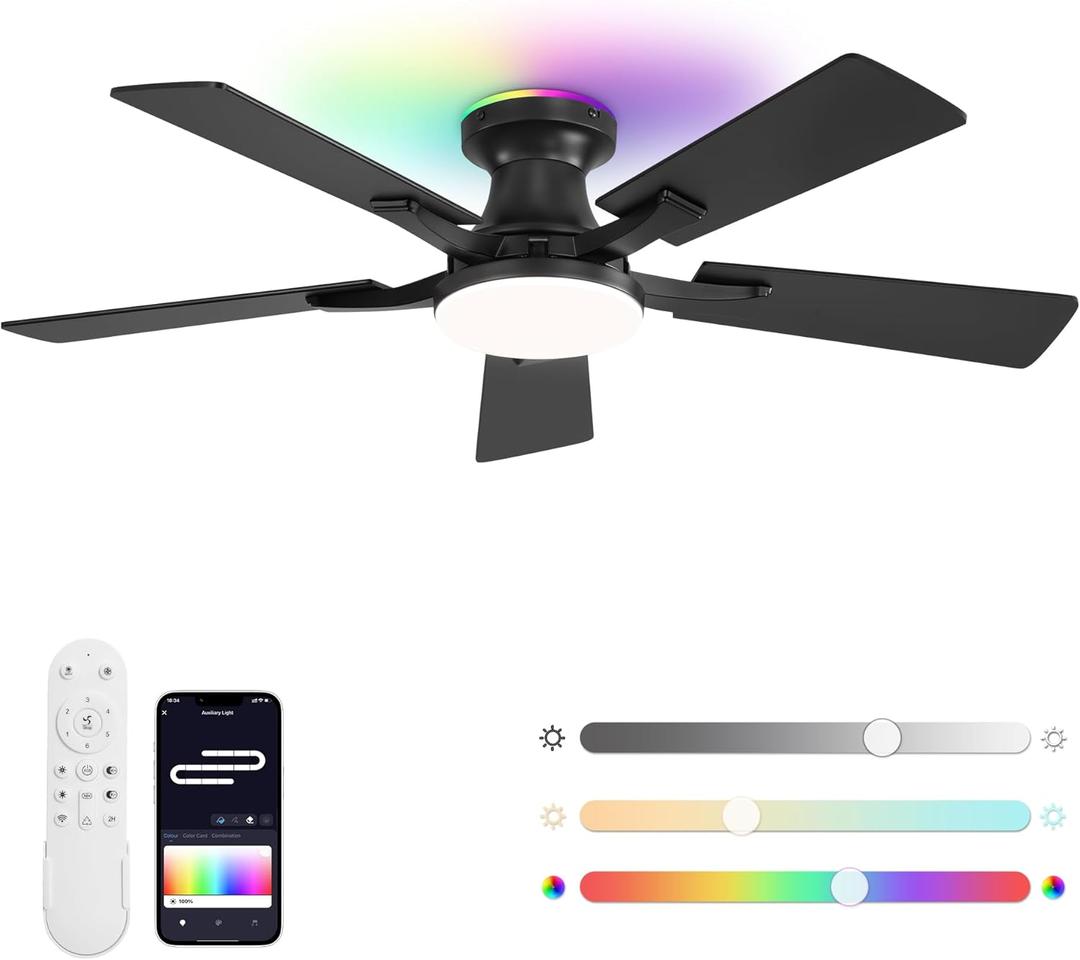 ZMISHIBO 42 Inch Ceiling Fans with RGB Lights, Low Profile Flush Mount Ceiling Fan with App&Remote Control, Dimmable 20W LED Light, Black Modern Fan for Living Room, Bedroom, Game Room