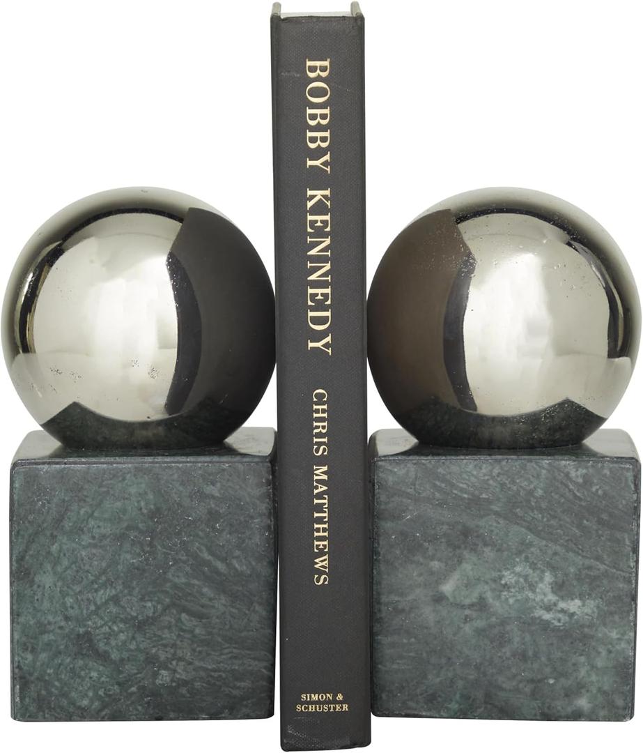 Deco 79 CosmoLiving by Cosmopolitan Marble Orb Bookends, Set of 2 4" W, 7" H, Silver