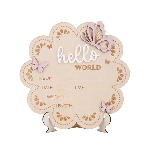 Wooden Baby Announcement Sign, 7x6.81in Butterfly Hello World Newborn Sign Baby Name Plaque Board Newborn Welcome Signs for Babies Shower Hospital Nursery Decor