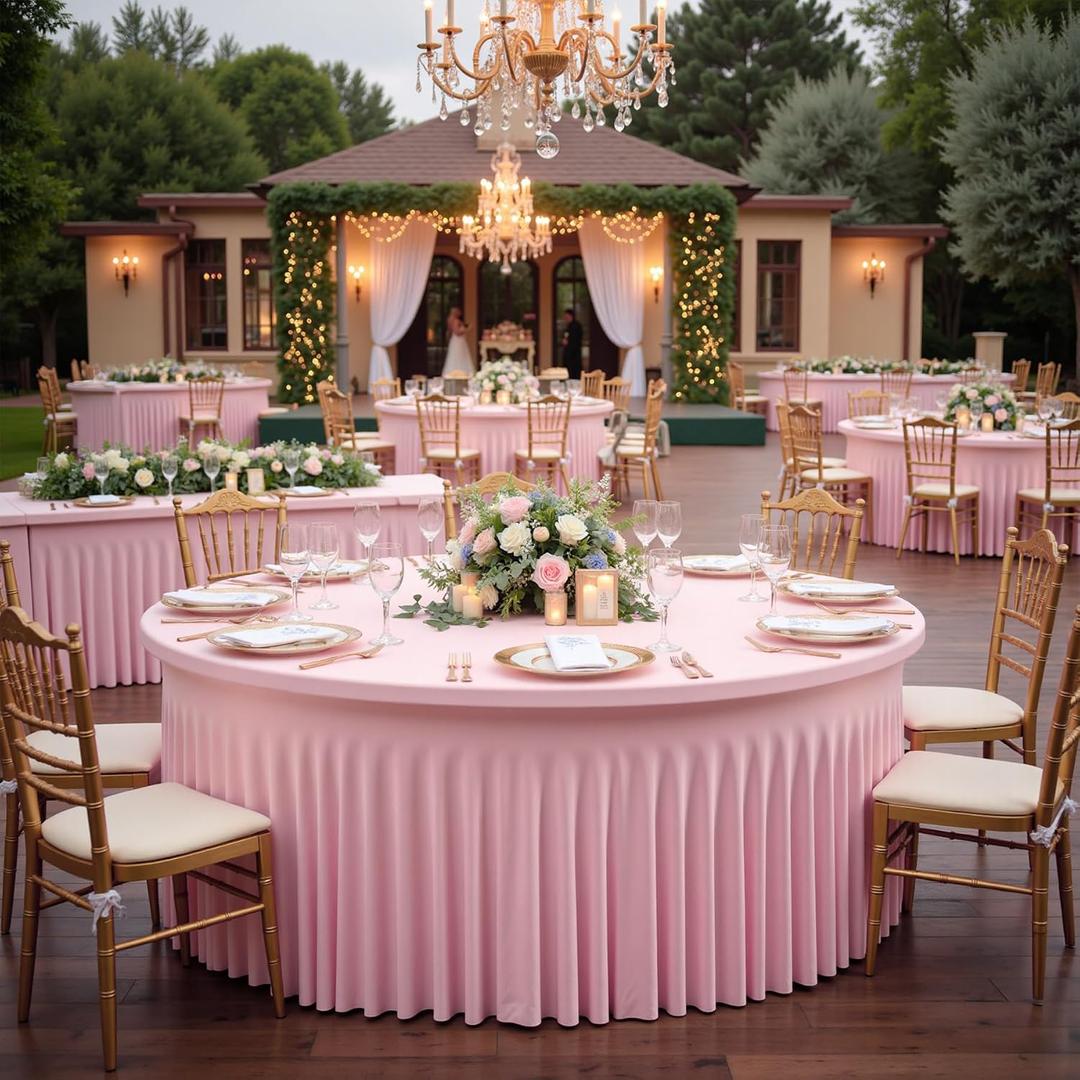 Htper 6 Pack Pink Round Spandex Tablecloths for 72inch Table, Wrinkle Free 132inch Stretchy Fitted 6ft Round Table Cloths Clothes Covers Skirt for Wedding Birthday Parties Banquet