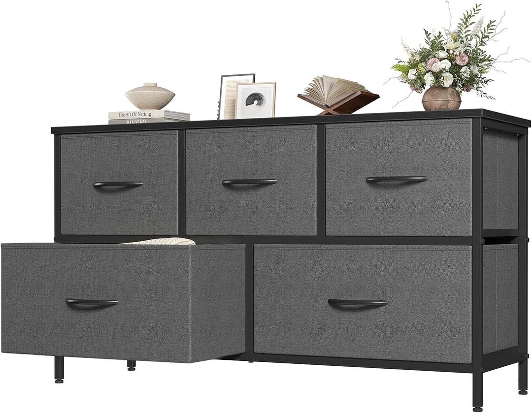 OLIXIS Dresser for Bedroom with 5 Drawers, Wide Chest of Drawers, Fabric Bedroom Dresser with Drawer Organizers, Storage Organizer Unit with Fabric Bins for Closet, Living Room, Hallway,Grey, 11.7"D x 38.6"W x 20.9"H