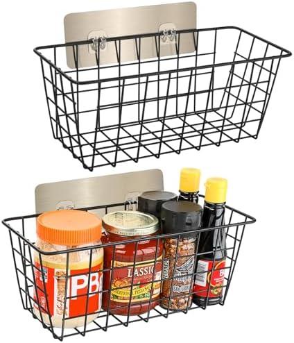 Ptinyiv 2 Pack Hanging Wall Basket Wire Storage Baskets, Adhesive Basket for Cabinet Door Organizer No Drilling, Hanging Fruit Baskets for Kitchen, Pantry Organization, Bathroom, Black Ptinyiv 2 Pack Hanging Wall Basket Wire Storage Baskets, Adhesive Basket for Cabinet Door Organizer No Drilling, Hanging Fruit Baskets for Kitchen, Pantry Organization, Bathroom, Black
