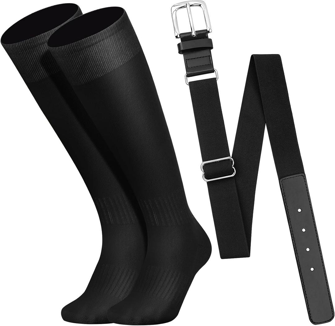 Baseball Socks and Belt Combo Set for Youth Boys Girls Adult, Softball Tball Belt Socks with Elastic Belts (Large, Black)