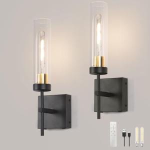 Wall Sconce Set of 2,Battery Operated Wall Sconce,Infinitely Dimmable with Remote Control,15000mAh Endurance 200 Hours,Fast Charging,Wireless Wall Lights for Bedroom Living Room Hallway (Black-Battery Charge)