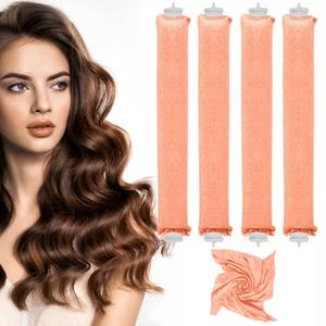 Heatless Curlers, No Heat Hair Curlers to Sleep In for Overnight Curls, Comfortable Hair Curlers to Sleep In, Overnight Heatless Curling Kit with Satin Headscarf, For All Hair Types - 4Pcs Orange
