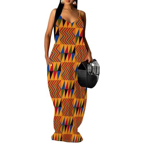 African Print Spaghetti Strap Plus Size Dresses for Women Summer Long Flowy Maxi Sundress with Pockets Curvy Sleeveless V Neck Backless Outfits, XL