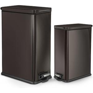 Home Zone Living 8 Gallon and 3 Gallon Slim Black Stainless Steel Trash Can Combo Set with Soft-Close Lid and Bag Tuck Design