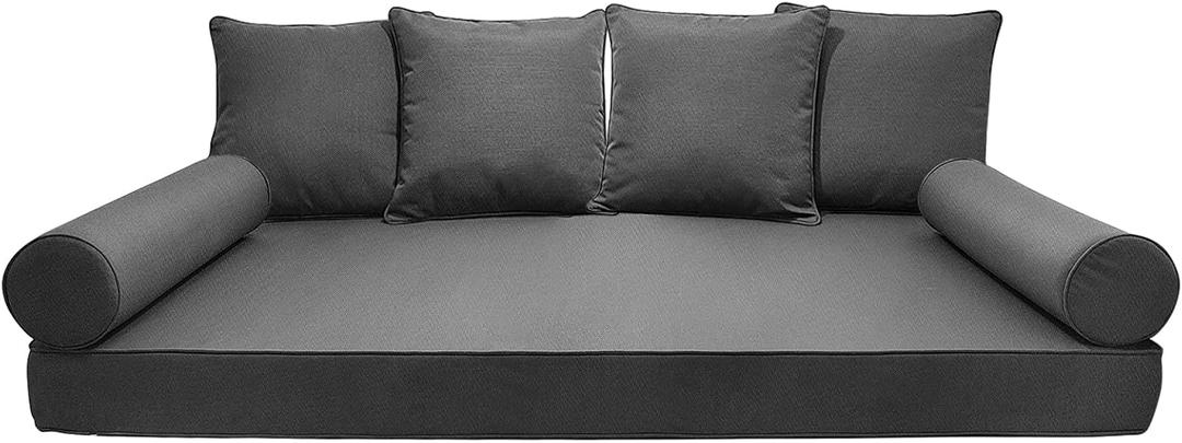 Twin Outdoor Mattress Package,Porch Swing Bed Cushion Set Include 1 Mattress Cover,4 Pillow & 2 Bolster(Filled),Patio Hanging Daybed Indoor Cushion Set (Dark Grey, 75 * 39 * 8inch)
