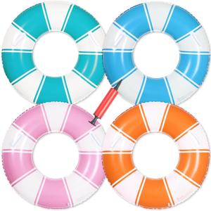 Inflatable Pool Floats with Handles 31.5 Inches 4 Colors Classic Striped Swim Rings Tubes Stripes Swimming Pool Floaties with Pump for Summer Beach Lake River Bachelorette Party Decorations