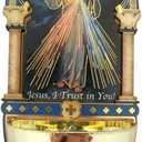 Religious Gifts - Divine Mercy Gold Embossed Laser Cut Wood Multi-Dimensional Holy Water Font, 5 Inch