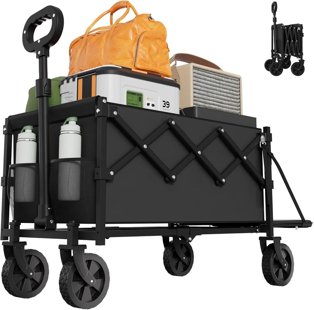 Collapsible Wagon with Wheels, 350lbs Wagons Carts Foldable Wagon Cart with Expandable Storage 100L & Flexible Handle, Lightweight Portable Folding Utility Grocery Shopping Cart for Garden Camping (Medium, Black-upgrade)