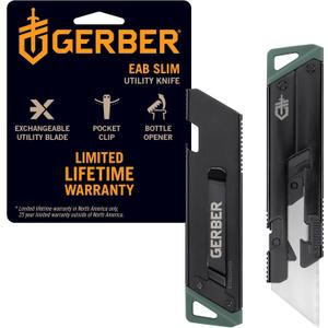 Gerber Gear EAB Utility Knife, Clips to Pocket or Keychain with Replaceable Razor Blade for Everyday Carry, EDC Gear with Box Cutter Retractable, Slim Black