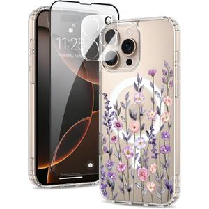 Magnetic for iPhone 16 Pro Max Case [Compatible with MagSafe][with Screen + Camera Protector] Clear Floral Flower Pattern Design, Slim Shockproof Phone Cover for Women Girls