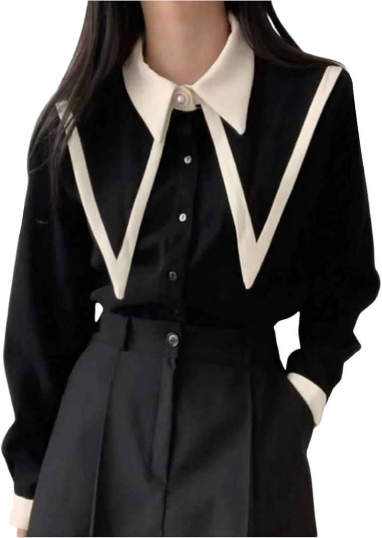 SweatyRocks Women's Long Sleeve Pointed Collar Button Down Shirts Dressy Casual Blouses (Medium, Black)